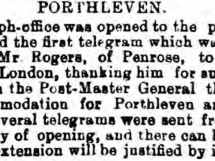 Porthleven Telegraph Office opens to the Public 01 Oct 1879